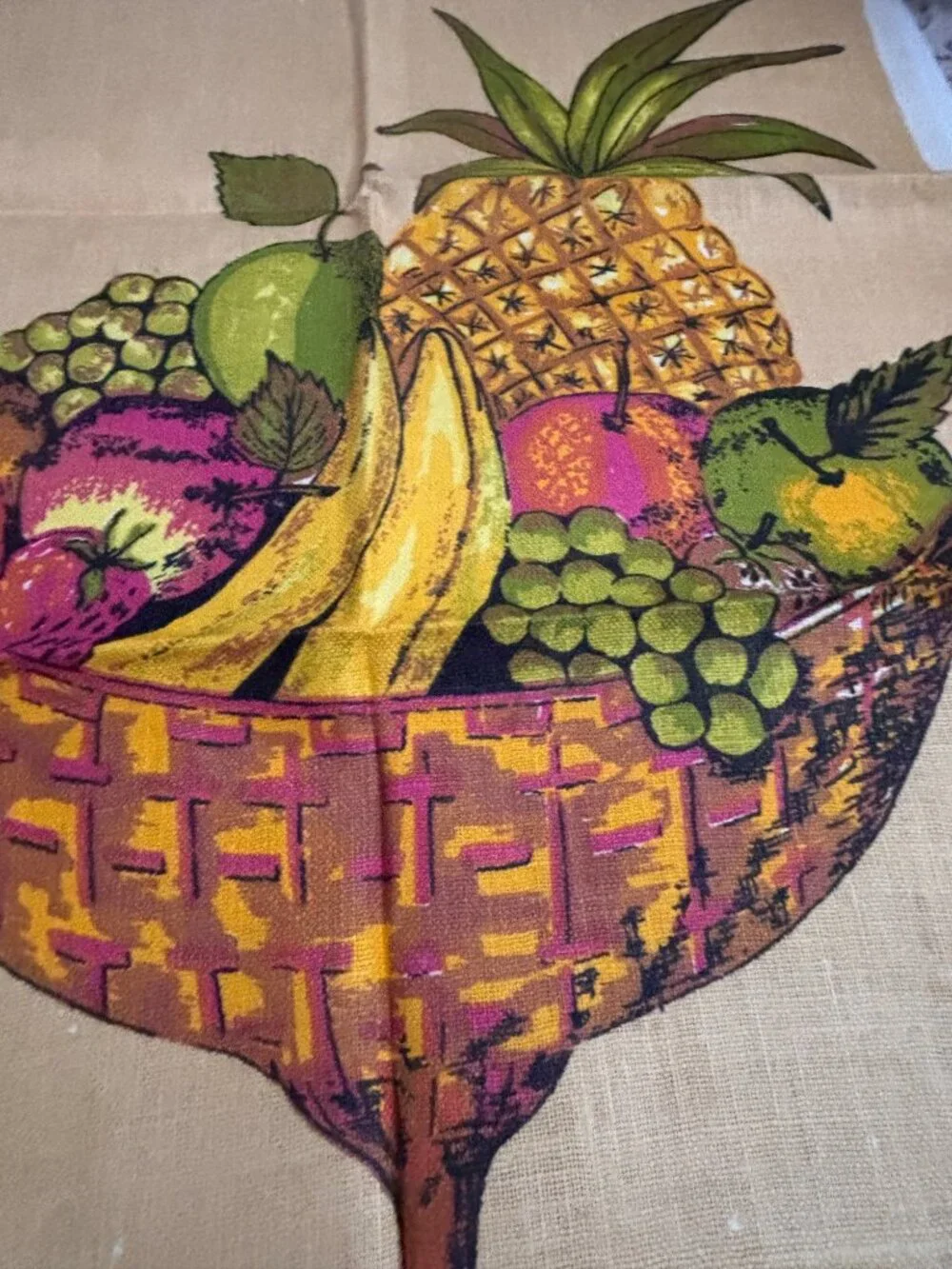 Vintage Handprinted All Linen Tea Towel With Fruit Bowl Design Fast Colours Made